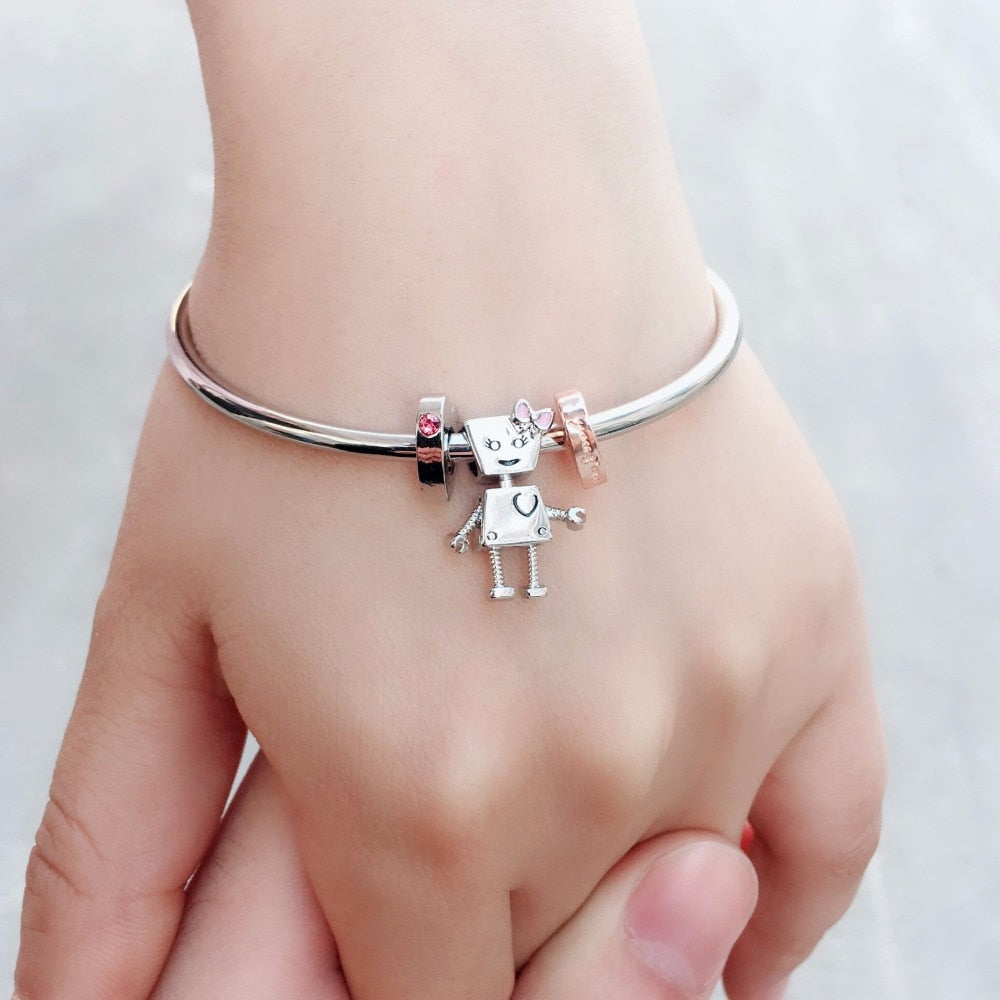 1pc silver Bella Bot and his friend bangles fit Fit Bracelets for Women Glass Beads Love Heart Charms Gift