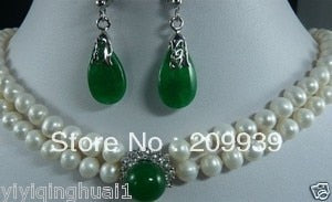 2 row white pearl green jade pendant earring necklace set