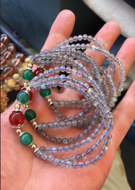 3.8-4mm Natural gr Labradorite Crystal +red greend jade Beads Bracelet