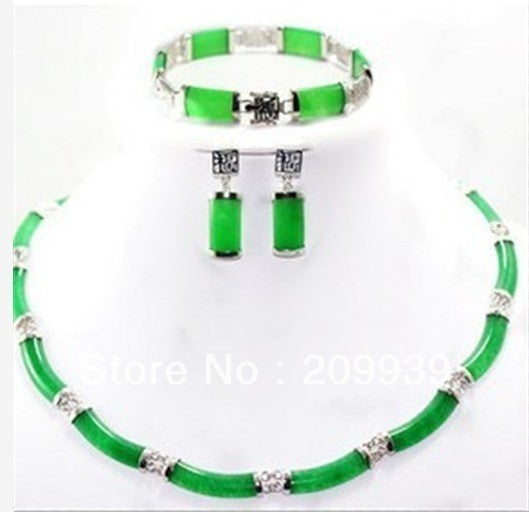 925 silver Noblest green jade bead necklace 17 bracelet 7.5inch earring set