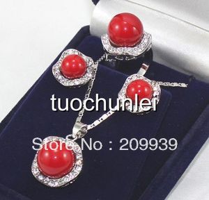 Beautiful Red shell Crystal Necklace Earring Ring Jewelry Set