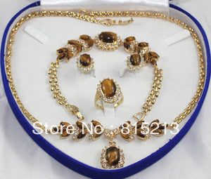 ddh0455 Tiger Eye Stone necklace bracelet earring ring set gold colour