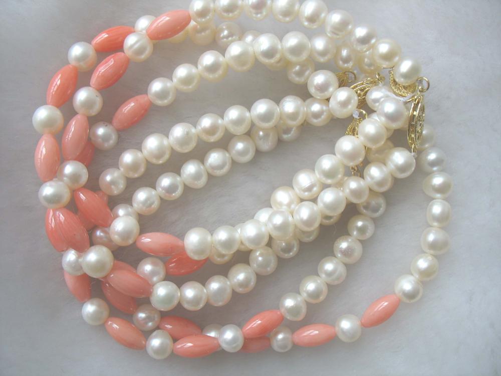 pearl 6-7mm round and pink coral bracelet 7.5inch   beads nature gemstone