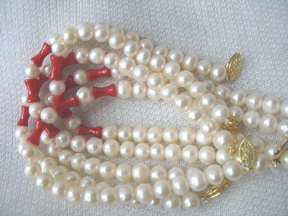 pearl 6-7mm round and red coral bracelet 7.5inch   beads nature gemstone