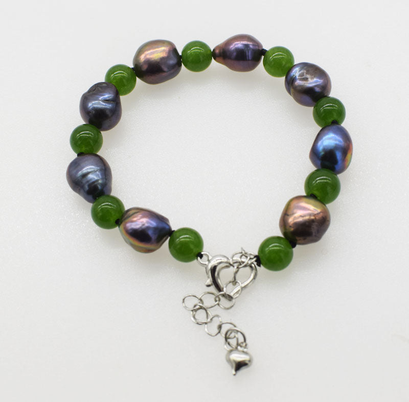 pearl black baroque 9-13mm green jade 8mm bracelet 7.5inch   beads nature FPPJ