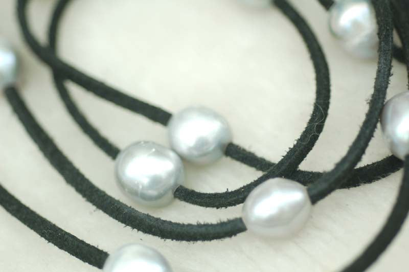 pearl gr pink purple egg 9-13mm +leather black line necklace 55inch   beads nature