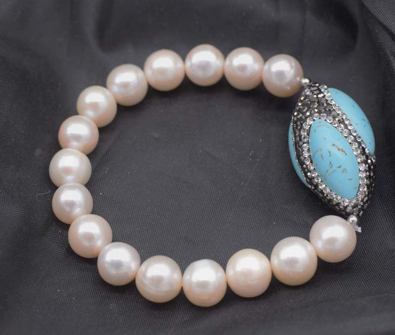 pearl near round 10-11mm &turquoise bracelet 8inch   beads nature handcraft