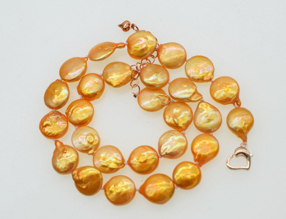 pearl orange /white coin 13-14mm necklace 17inch   beads nature