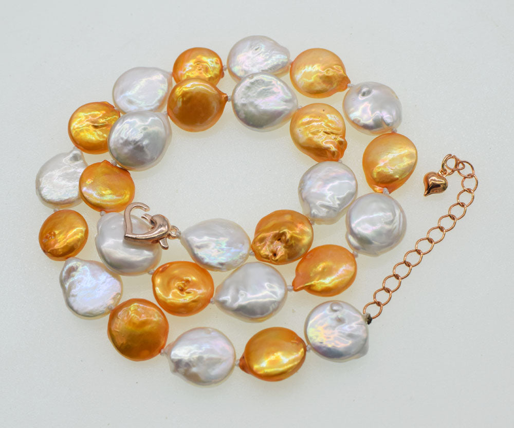 pearl orange /white coin 13-14mm necklace 17inch   beads nature