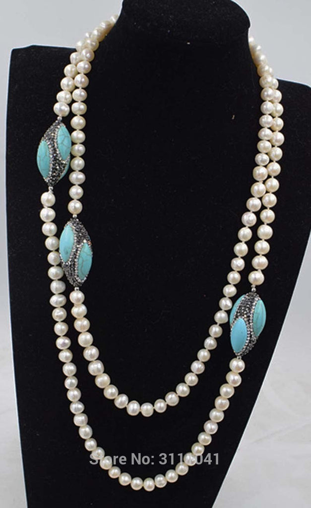 freshwater pearl white near round 8-9mm and green howlite turquoise necklace 45inch   beads nature