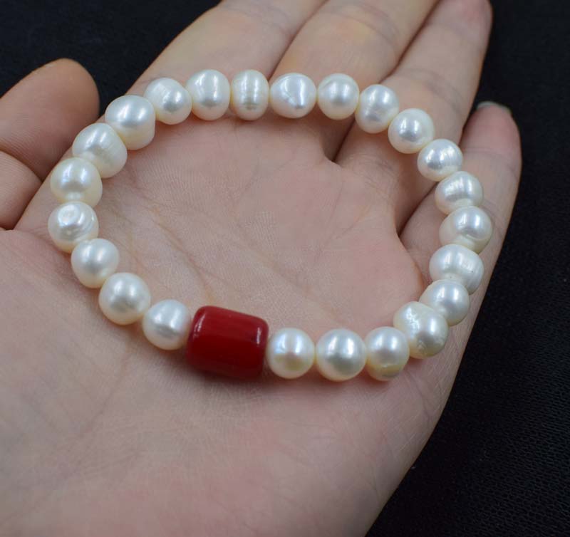 pearl white near round 8-9mm+ jade bracelet red/green/yellow/orange red coral 7.5inch   beads nature