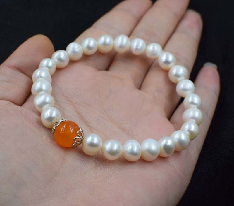 pearl white near round 8-9mm+ jade bracelet red/green/yellow/orange red coral 7.5inch   beads nature