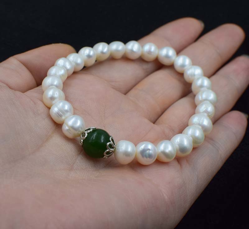 pearl white near round 8-9mm+ jade bracelet red/green/yellow/orange red coral 7.5inch   beads nature