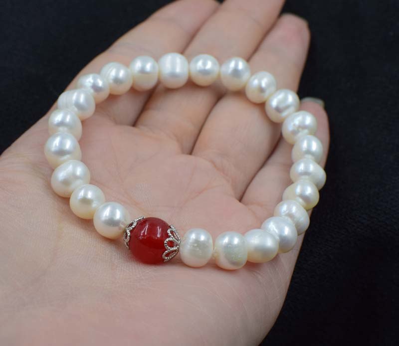 pearl white near round 8-9mm+ jade bracelet red/green/yellow/orange red coral 7.5inch   beads nature