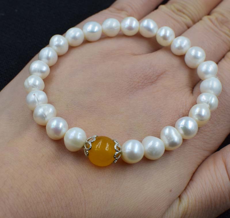 pearl white near round 8-9mm+ jade bracelet red/green/yellow/orange red coral 7.5inch   beads nature