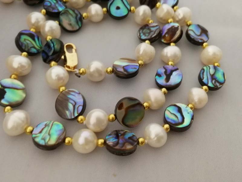 pearl white near round and abalone shell coin necklace bracelet 20inch   beads nature