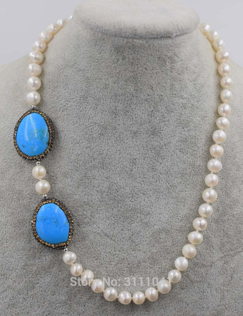 freshwater pearl white near round and green howlite turquoise flat necklace 18inch   beads nature woman 2020