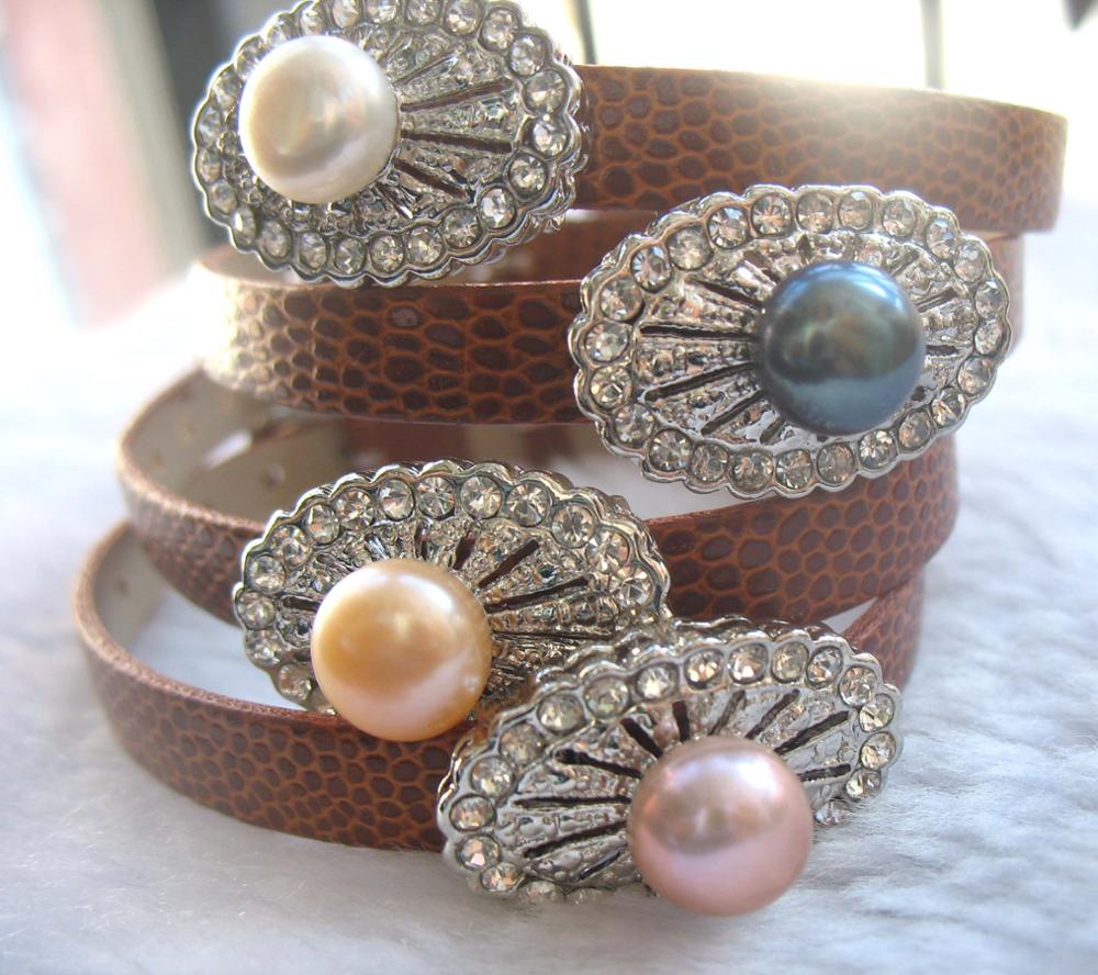 pearl white pink purple black coin 7-9mm leather bracelet 7.5inch   beads nature