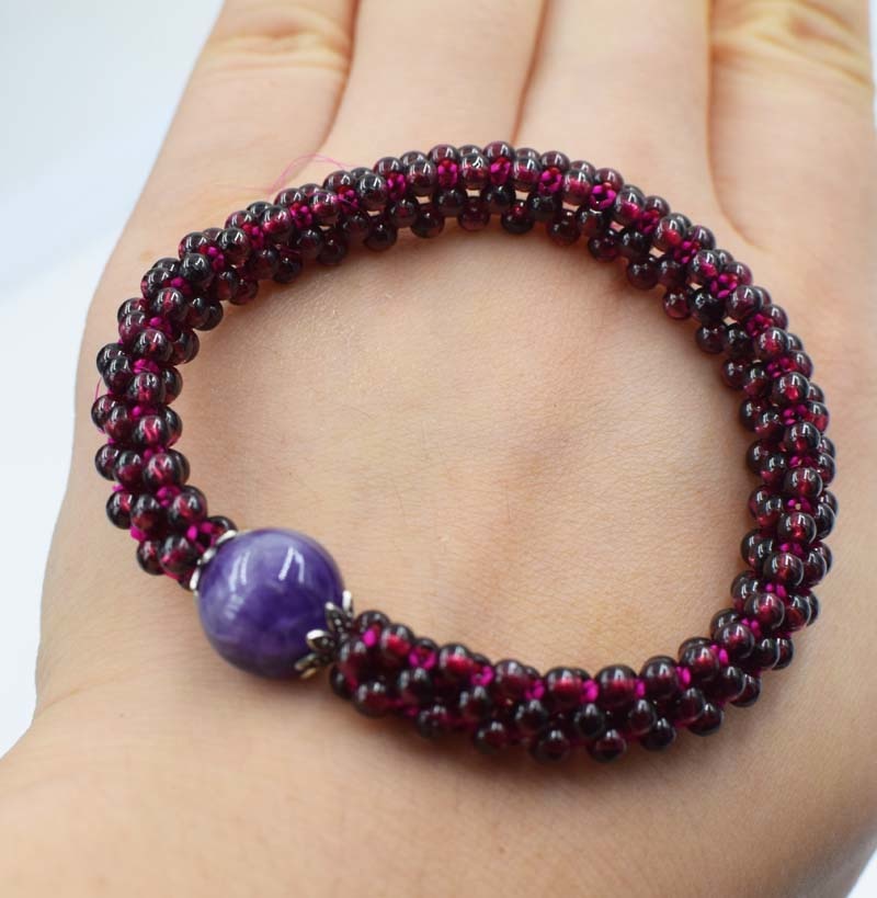 garnet round red and amethyst pink quartz bracelet 7.5inch   beads nature handcraft