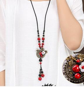 gem decorative folk style retro sweater chain necklace pendant female long winter clothes all-match accessories