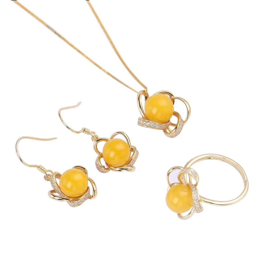 gemstone factory   new fashion yellow gold 925 sterling silver natural amber ring pendant necklace earrings jewelry set