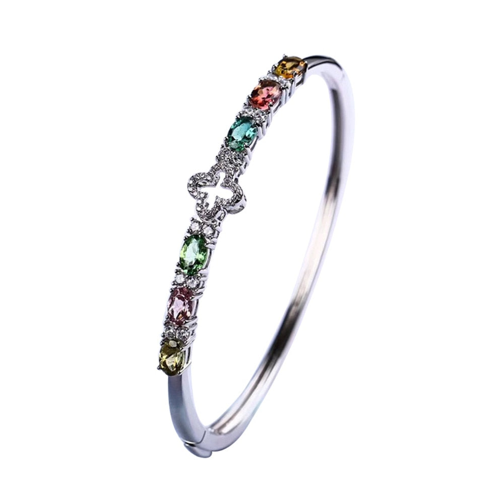 gemstone fine jewelry factory   2020 new design trendy red green tourmaline 925 sterling silver bangle bracelet women