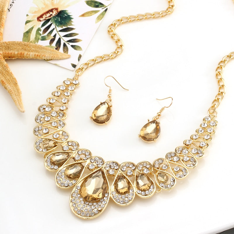 gold-color-water-drop-pendant-necklace-collares-wedding-bridal-jewelry-sets-champagne-rhinestone-drop-earrings-set