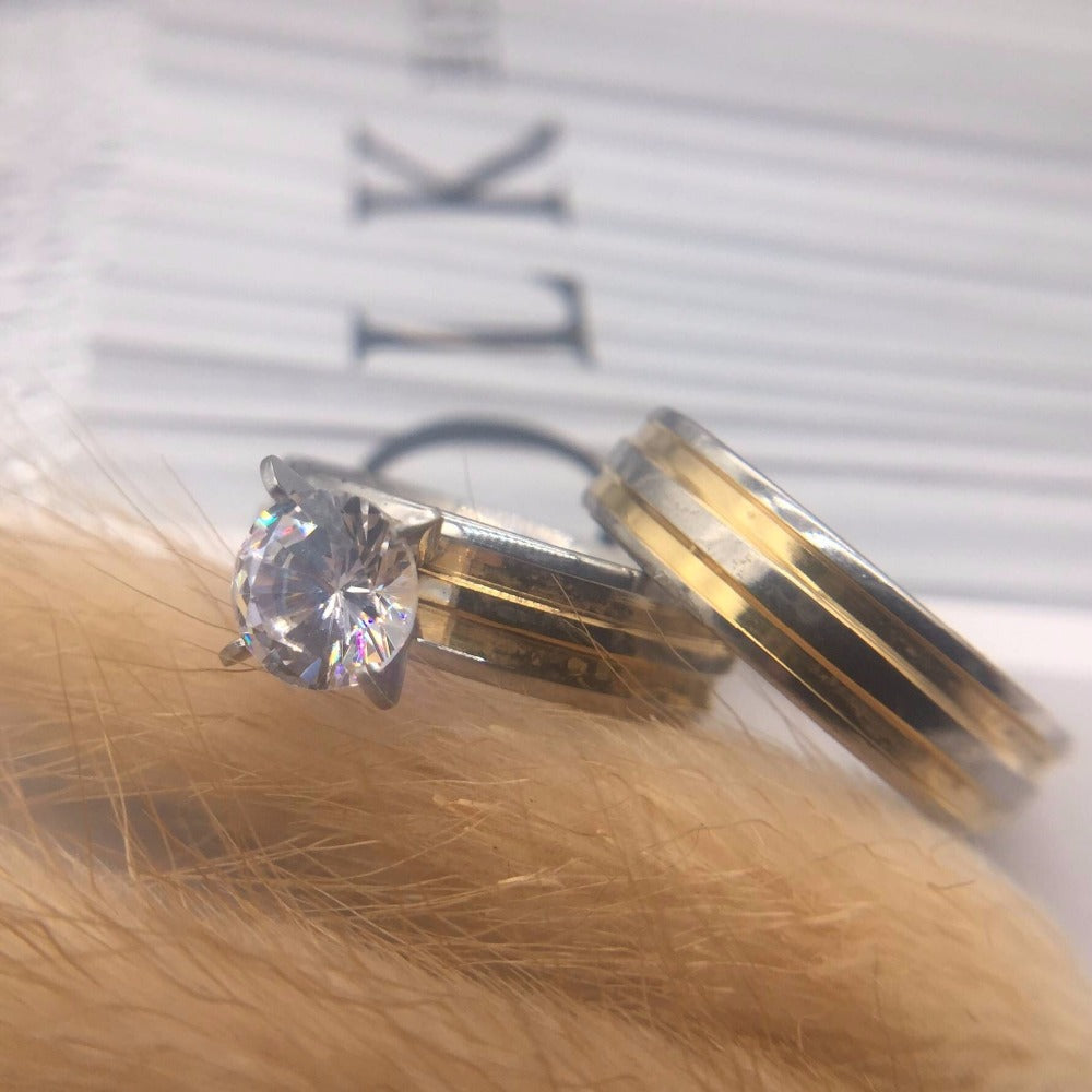 gold silver color large Cubic Zirconia 6mm*2 Couples Rings Set for Men Women Engagement Lovers pair rings
