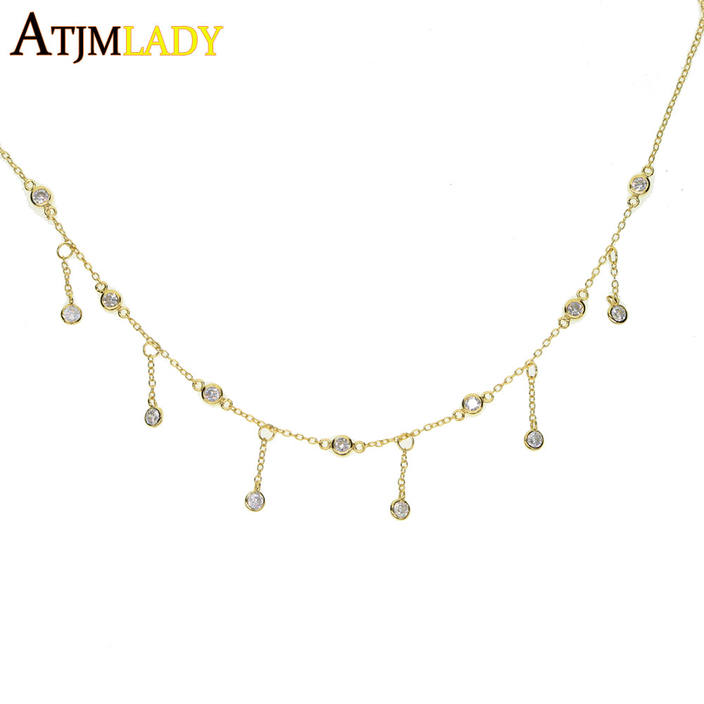 high quality 100% 925 sterling silver Gold color BEZEL cz charm choker tassel chain elegant wedding gift women chocker necklace