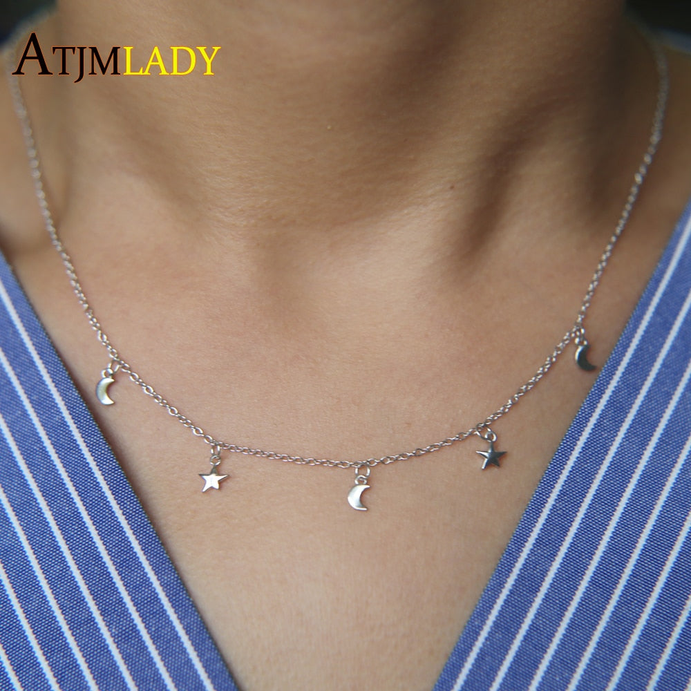 high quality 100% 925 sterling silver plain no stone simple design girl christmas gift layer cute tiny moon star charm necklace