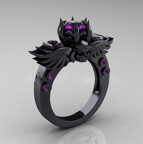 high quality black gold men/women style purple stone co skull ring cheap