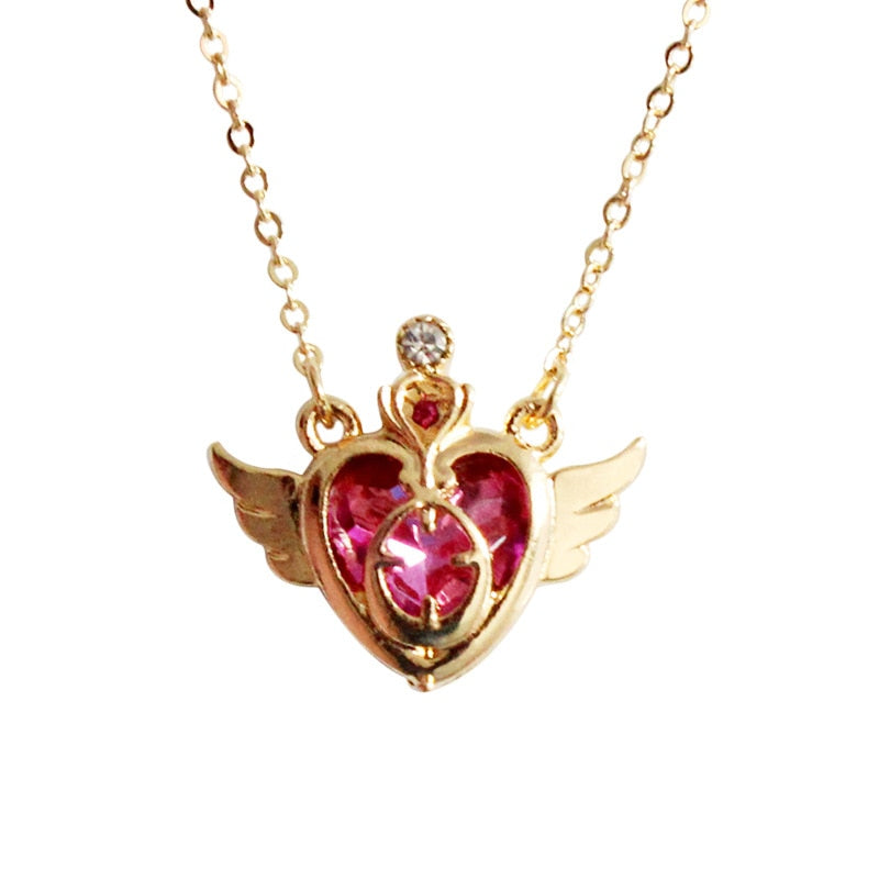 high quality fashion jewelry accessories sailor moon pink rhinestone crown wing heart card captor Necklace