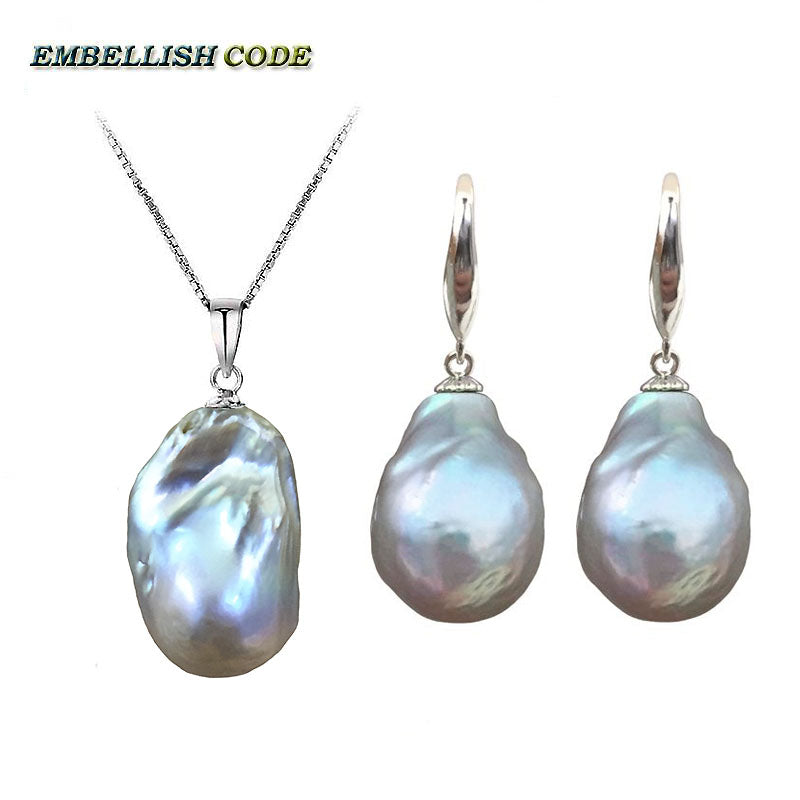 hot Simple baroque pearl pandent necklace hook dangle earrings set nucleated fire ball shape gr grey color box chain 16'' 18''