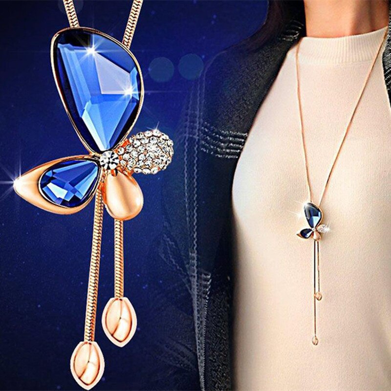 sell  Classic Crystal Butterfly Tassel Long Necklace Women Bijoux Jewelry Necklaces & Pendants Gift