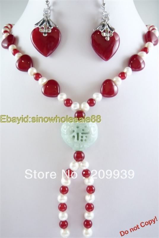 huij 001751 Fashion Set White Pearl & Red Jade Necklace Earring gemstone jewelry