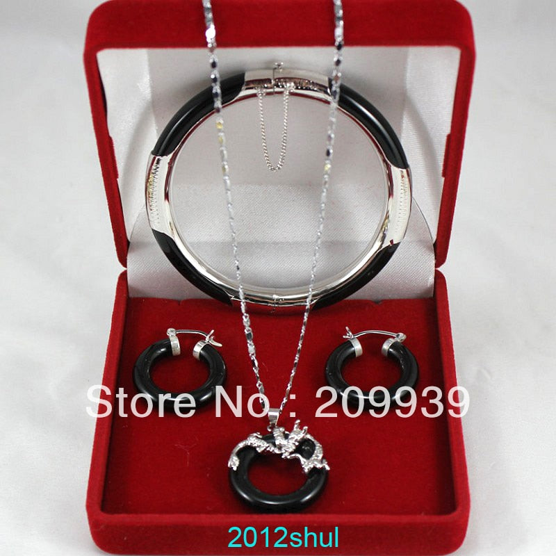 huij 001758 genuine Natural black jade silver dragon pendant earrings bracelet set