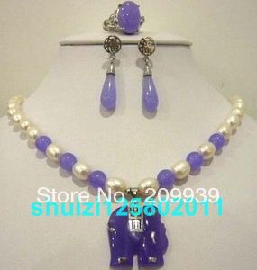 huij 0084 free s Oval Pearl White and Purple Jade Elephant Pendant Necklace Set