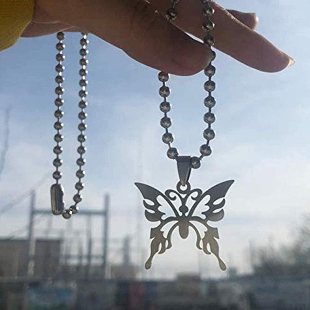 iGirl style butterfly Necklace Stainless Steel big ball chain Harajuku Female Symbol punk Gothic Streetwear choker Necklace for