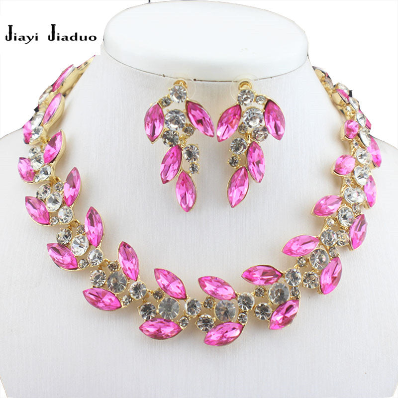 jiayijiaduo Bridal jewelry sets for women banquet dress accessories pink necklace earrings gold color gift