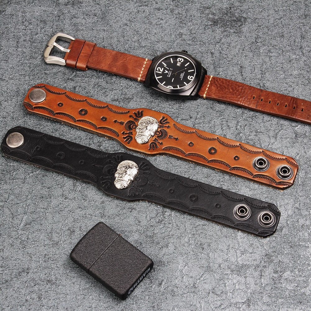 kirykle Vintage Retro Rivet Punk Cool Hip Hop Accessorie Leather Skull Skeleton Biker Bracelet Mens Jewelry