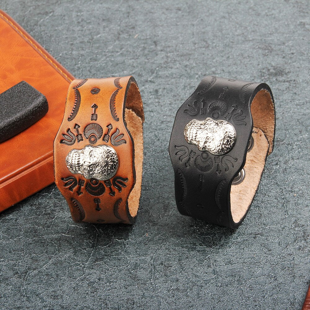 kirykle Vintage Retro Rivet Punk Cool Hip Hop Accessorie Leather Skull Skeleton Biker Bracelet Mens Jewelry