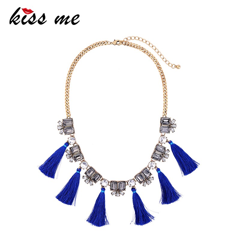 kissme Blue & Grey Tassel Necklace Special Design Rectangle Crystal Short Women Necklace Vintage Jewelry