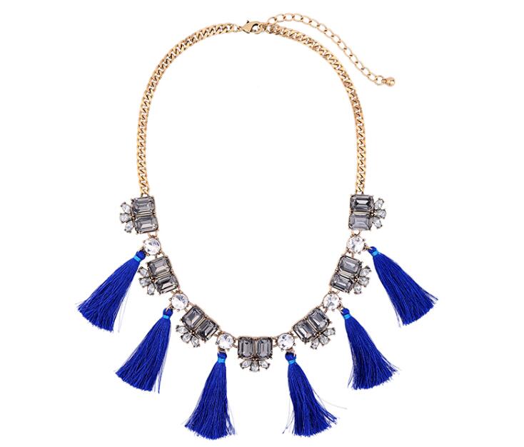 kissme Blue & Grey Tassel Necklace Special Design Rectangle Crystal Short Women Necklace Vintage Jewelry