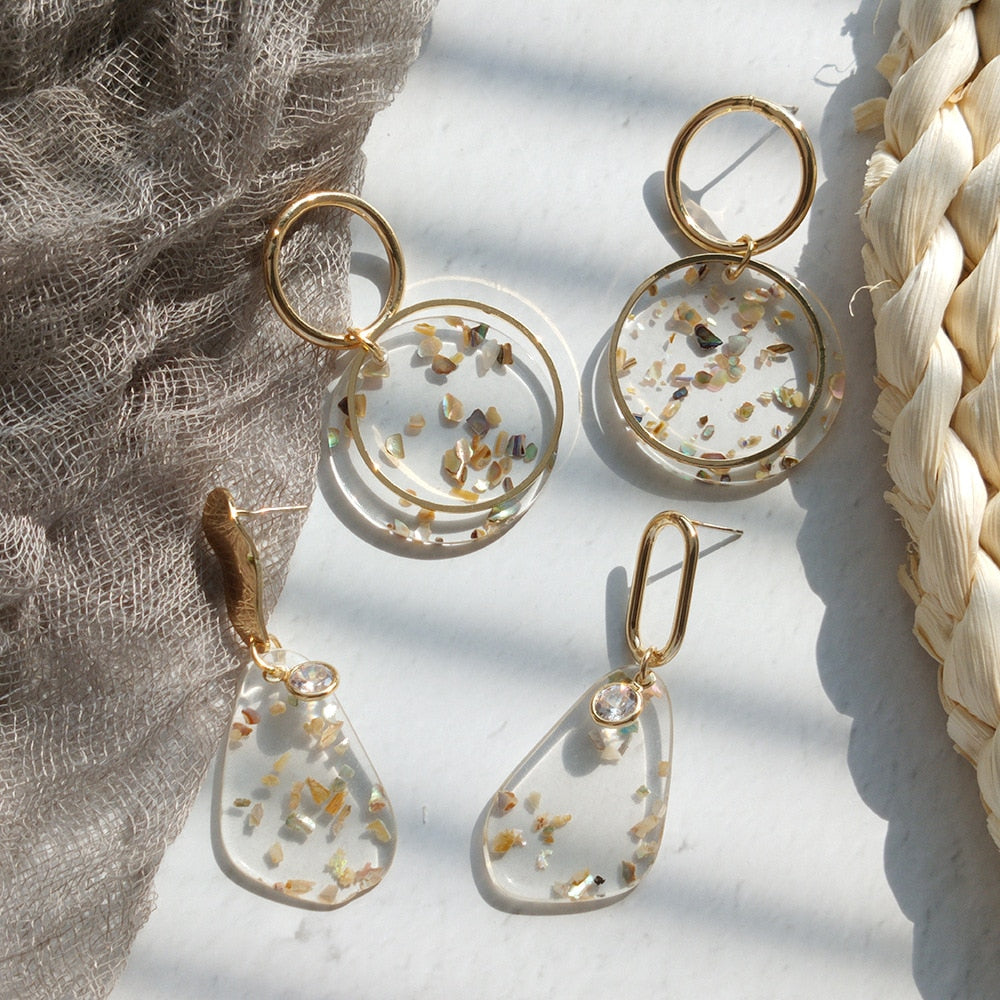korean Design Jewelry Transparent Acrylic Broken Shell Earrings Gold Metal Asymmetrical Geometric Earrings for women