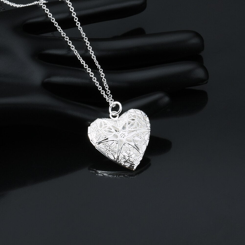 korean Pretty 925 Stamped Silver romantic Pattern heart photo frame Pendant Necklace For Women party wedding Jewelry
