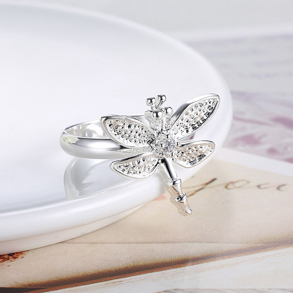 korean 925 Sterling Silver noble crystal beautiful Dragonfly Rings For Women wedding accessories Party Jewelry gifts