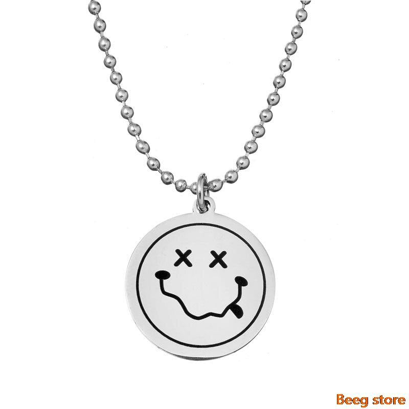 korean kpop smiley face pendant necklace egirl stainless steel smile couple neck chain women men punk hip hop streetwear