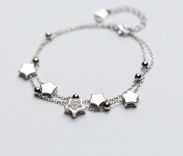 lady's fashion 100% Real. 925 Sterling Silver Fine Jewelry Multi-rows /double layers Beads &Star Tassel Chain Bracelet GTLS522