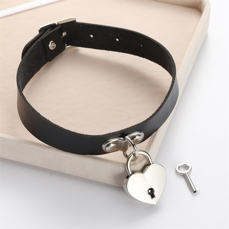 Gothic Heart-shape Lock Chain Black Leather Choker Collar Necklace