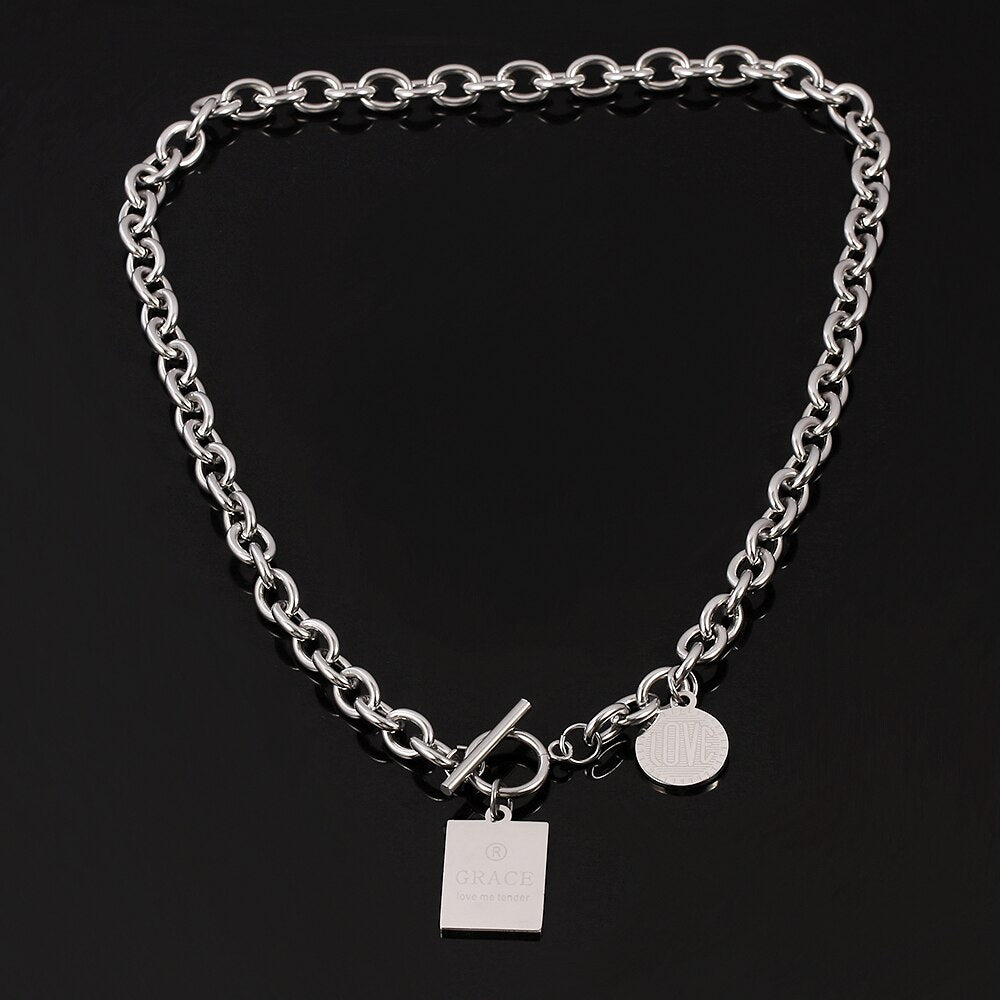 love me tender Square Round Tags Necklace Streetwear Harajuku Stainless Steel Hip-hop Choker Charm Necklaces Women Girl